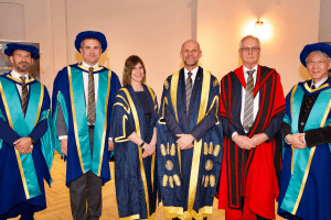 UCEM Deputy Principal, Jane Fawkes, Principal, Ashley Wheaton, and Vice Chair, Dr Stephen Jackson, with three recipients of our inaugural Honorary Degrees